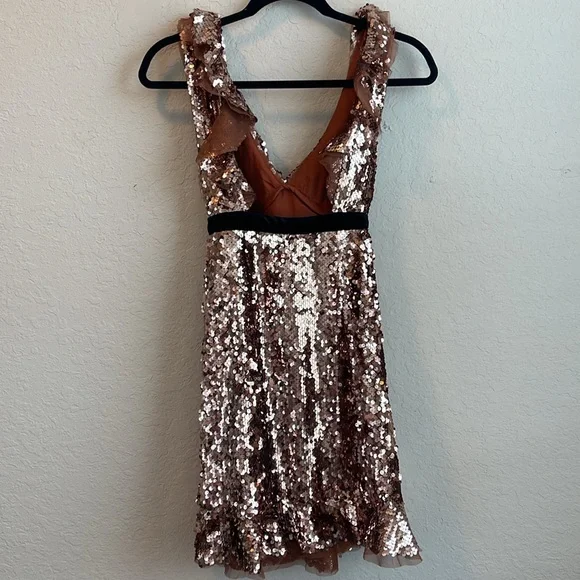 NWT Free People Tribeca Sequin Ruffle Brown Dress Velvet Bow Size 0 - Picture 6 of 11